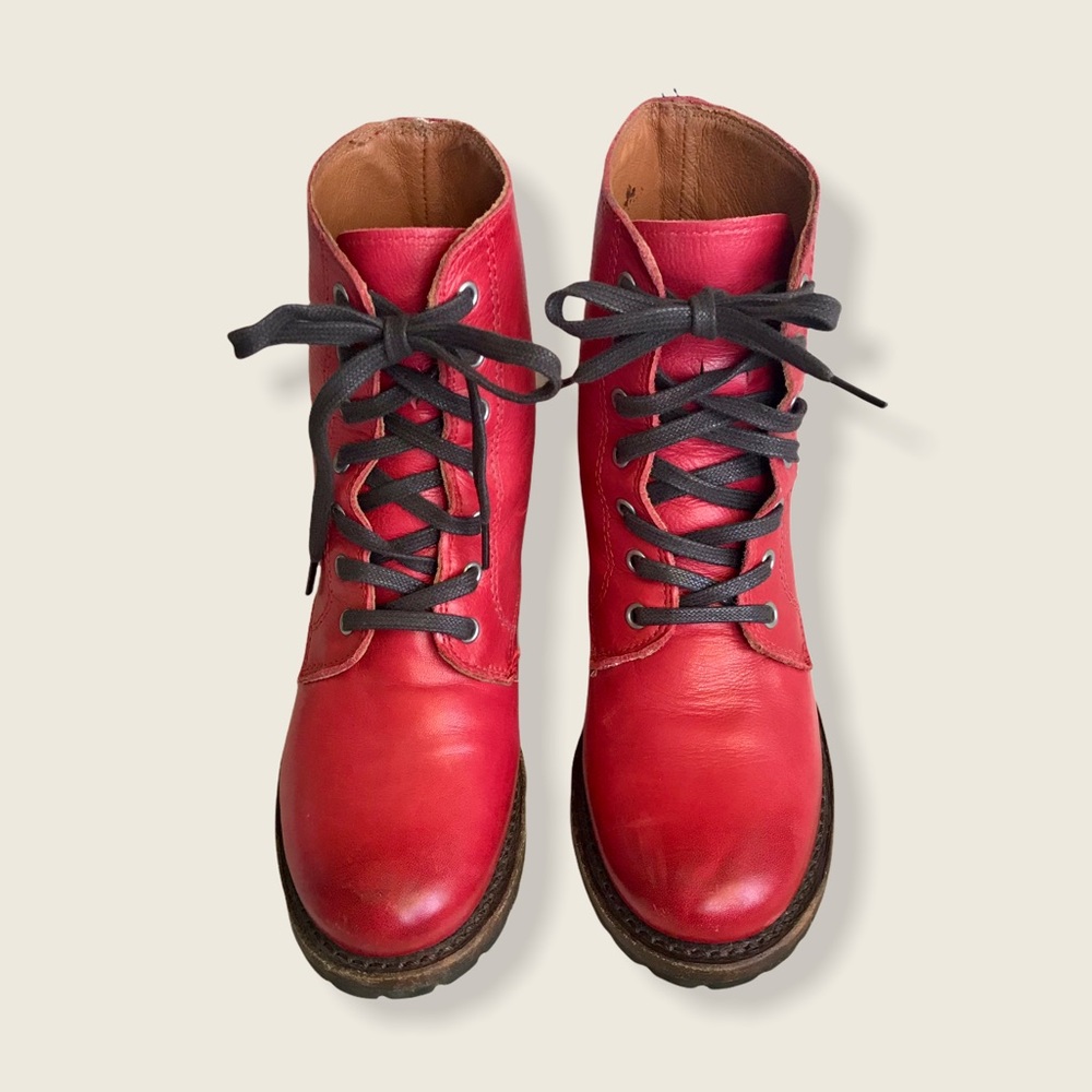 RARE Frye Sabrina 6G LaceUp Red Retro Combat Boots - Picture 9 of 16